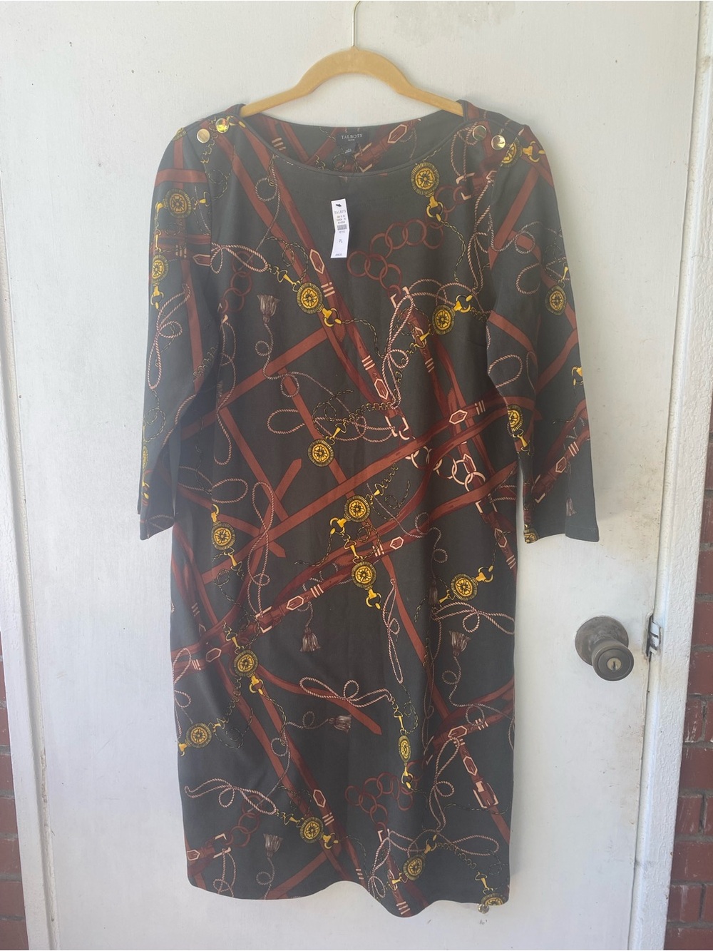 TALBOTS PETITE OLIVE GREEN EQUESTRIAN PRINT SHIFT DRESS SIZE LP - Picture 15 of 16
